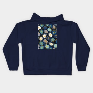 Mystical Viking Runes // pattern // black background blue grey and teal stones golden letters of the runic alphabet Kids Hoodie